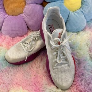 White and Pink Athletic Shoes with Soft Suede-like Material